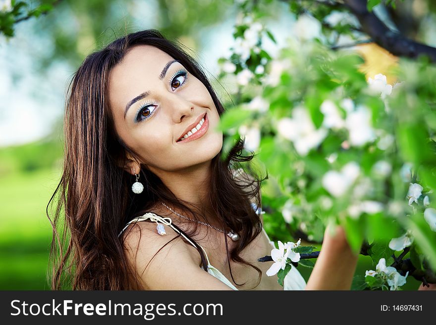 The nice young girl in blossoming trees. The nice young girl in blossoming trees