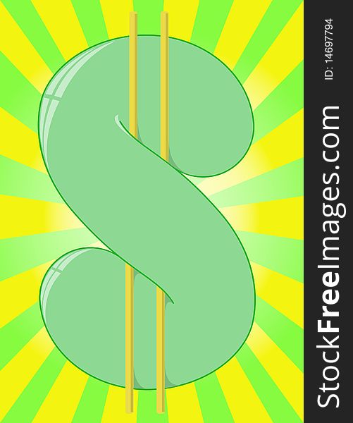 Green dollar sign on the yellow rays of the divergent