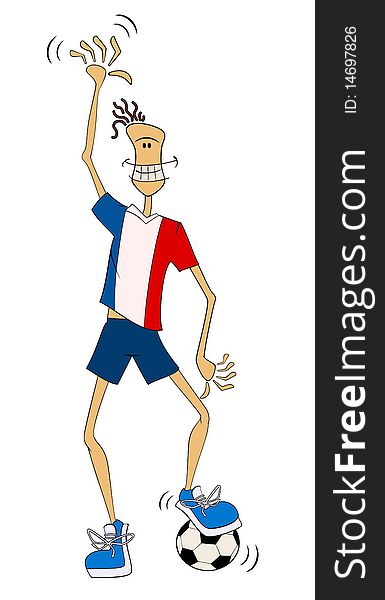 Cartoon athletic man with football against white background