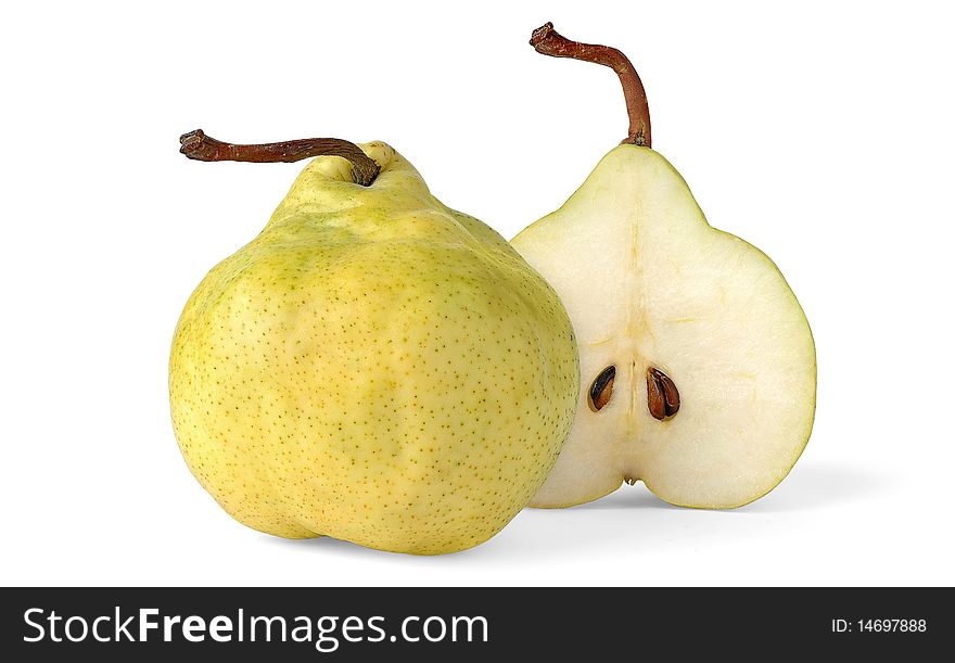 Yellow pear and a half over white background. Yellow pear and a half over white background