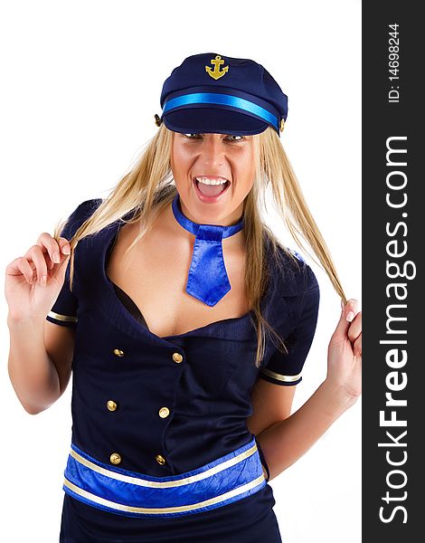 Cute happy girl in maritime clothes. Cute happy girl in maritime clothes