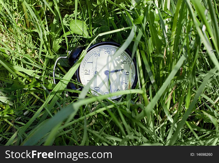 Alarm clock lie on the grass