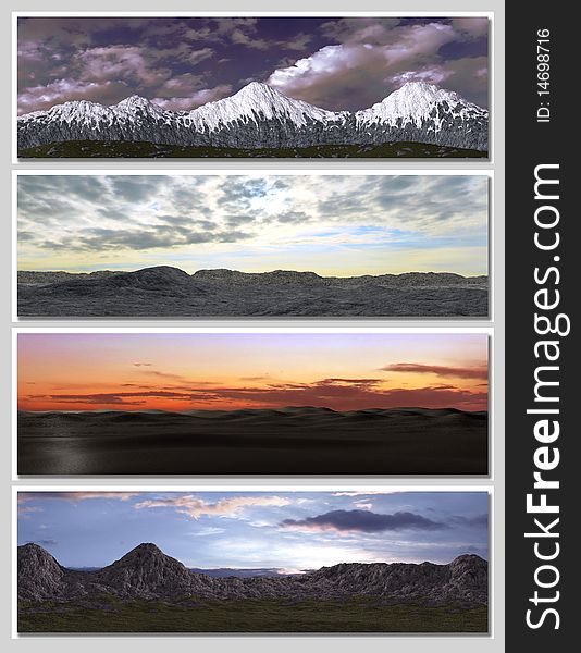 Four different fantasy landscapes for banner, background or illustration. with clouds, mountains and sunset