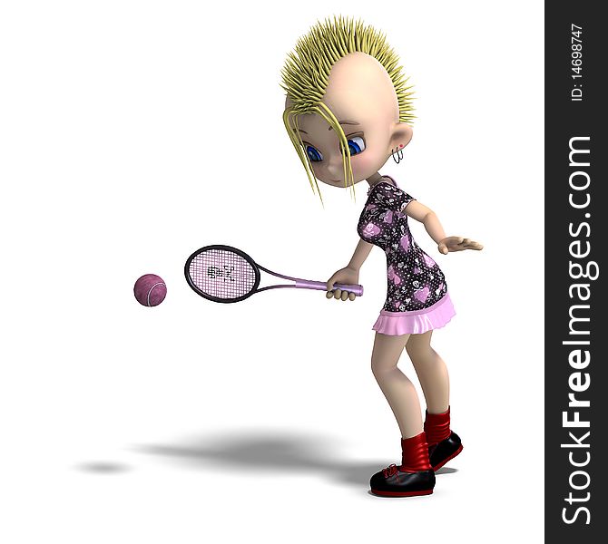Cute female cartoon punk is a tennis player. 3D rendering with clipping path and shadow over white
