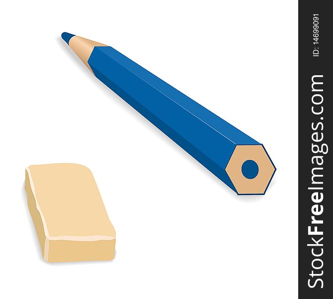 Blue pencil and an eraser rubber isolated on white. Blue pencil and an eraser rubber isolated on white