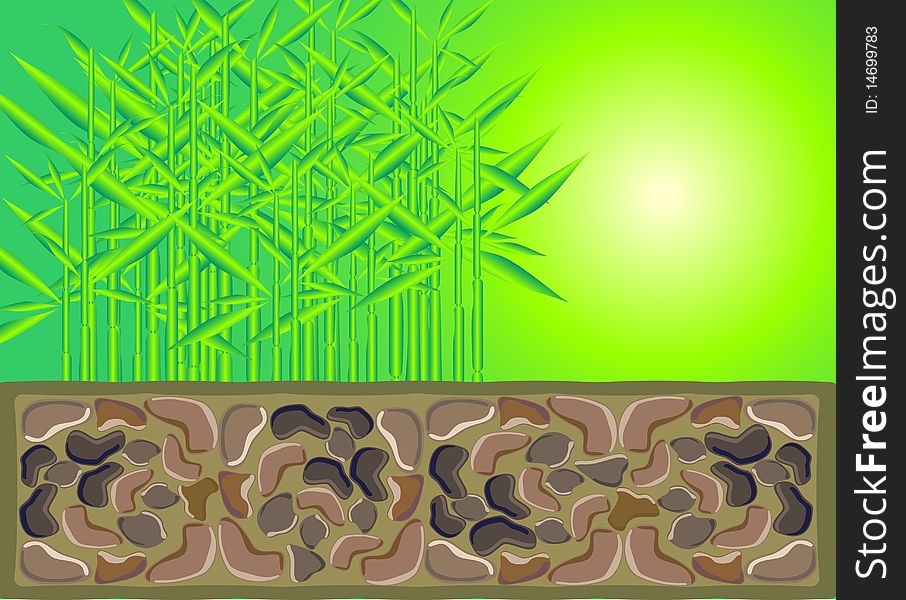 Vector stylized bamboo for the cobblestone wall on the background of hazy sun. Vector stylized bamboo for the cobblestone wall on the background of hazy sun