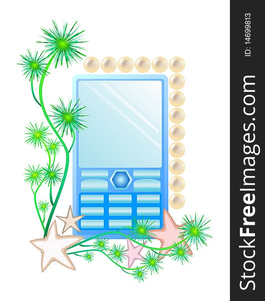 Vector cell phone framed seaweed, pearls and sea stars. Vector cell phone framed seaweed, pearls and sea stars