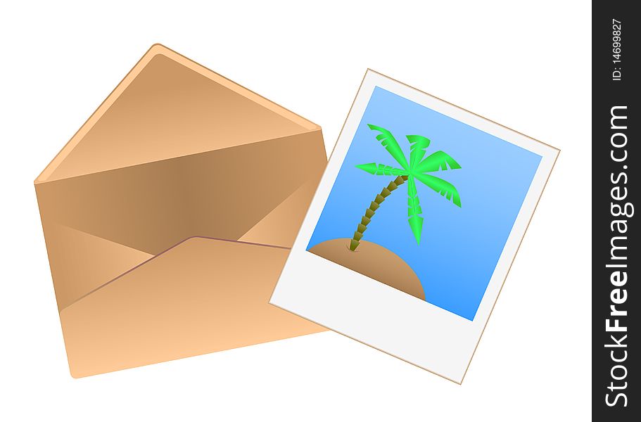 Vector open the envelope with Polaroids depicting a beach with palm. Vector open the envelope with Polaroids depicting a beach with palm