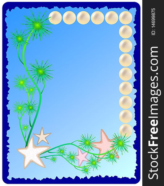 Vector frame from seaweed, pearls and sea stars. Vector frame from seaweed, pearls and sea stars