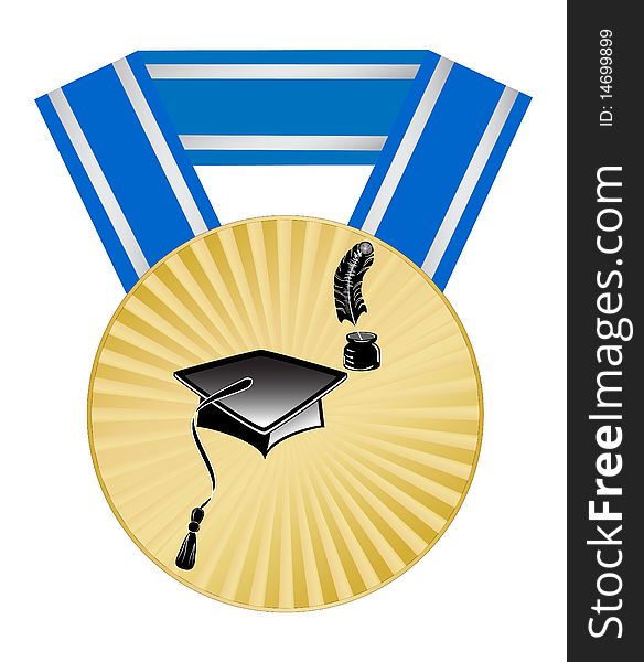 A stylized gold medal with a ribbon and a picture hat with a feather and ink. A stylized gold medal with a ribbon and a picture hat with a feather and ink