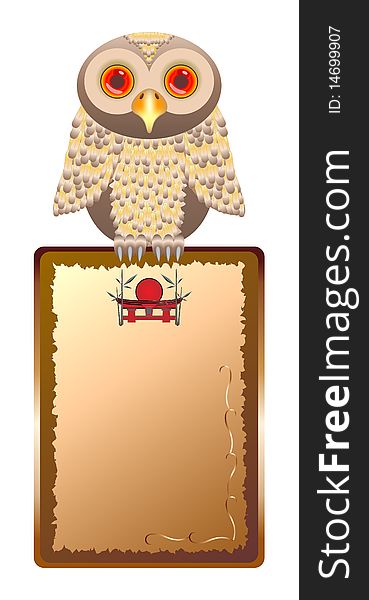Vector stylized owl holding in the paws of the frame. Vector stylized owl holding in the paws of the frame