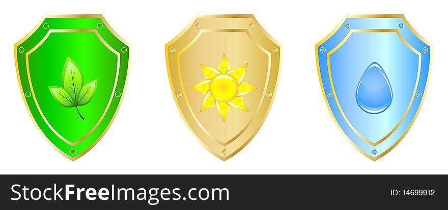 Three metal stylized shield with the image of the sun, foliage and water. Three metal stylized shield with the image of the sun, foliage and water