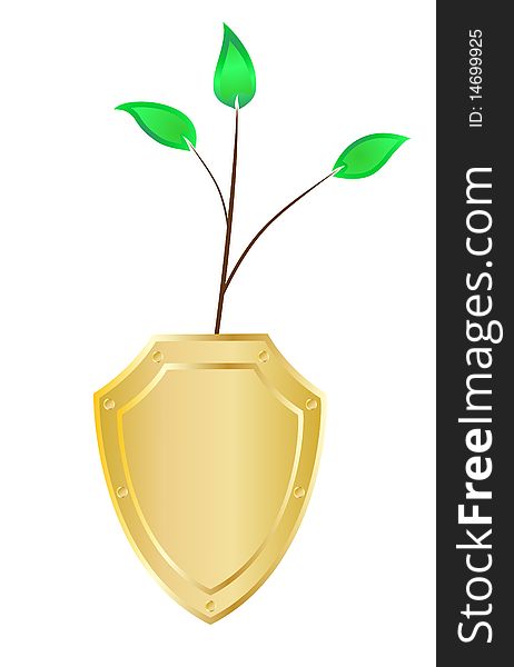 Vector gold stylized shield with the downstream escape of the young plants. Vector gold stylized shield with the downstream escape of the young plants