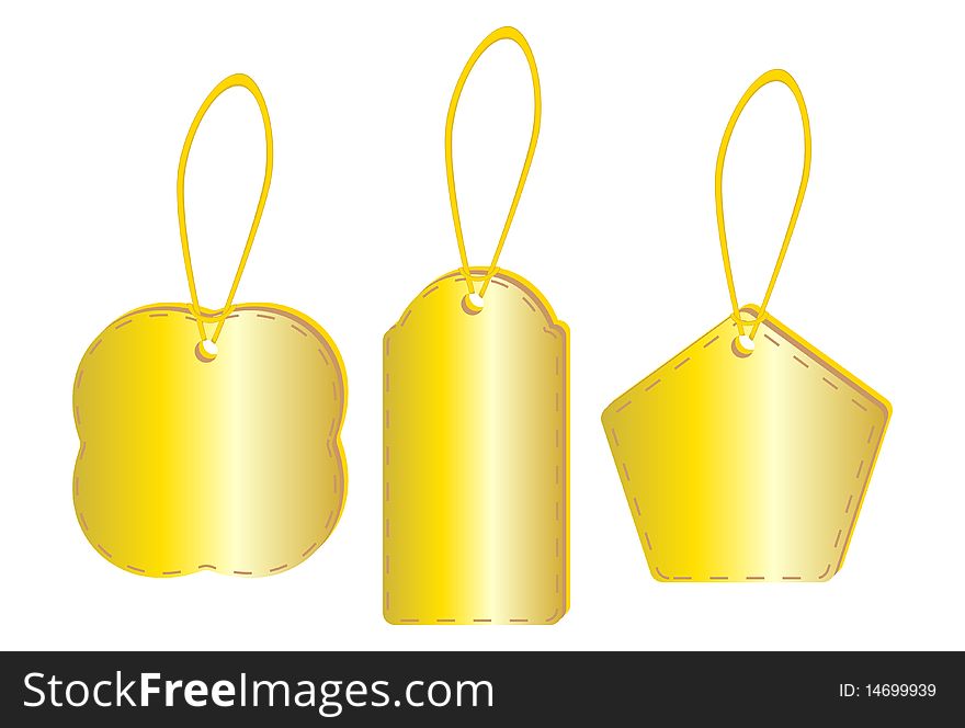 Vector stylized tags executed in color with gold stitching on the edge. Vector stylized tags executed in color with gold stitching on the edge