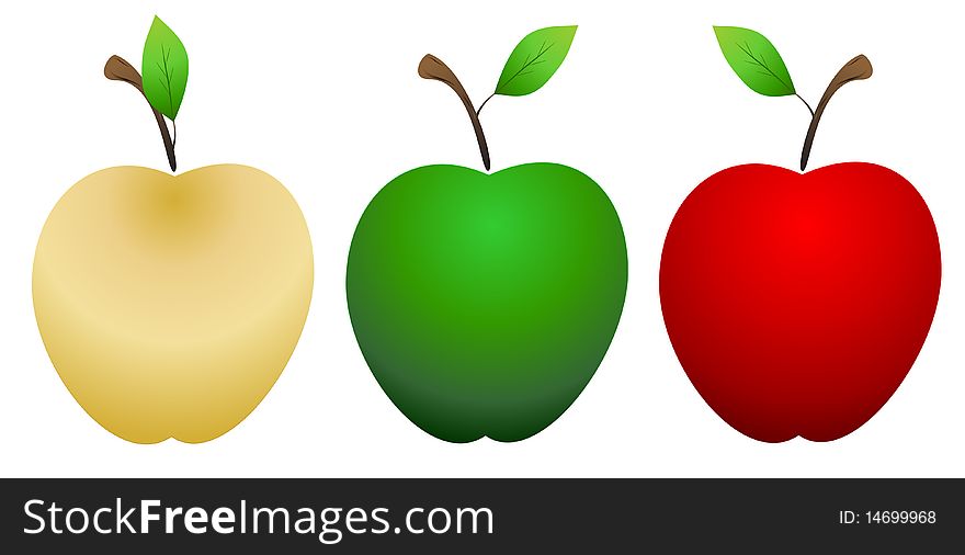 Three stylized apple made in gold, green and red. Three stylized apple made in gold, green and red