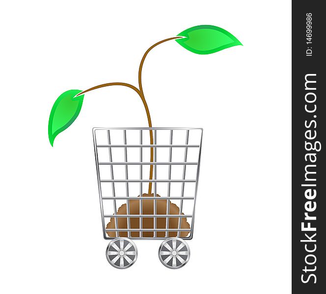 Stylized  shopping carts with green shoots and the soil inside. Stylized  shopping carts with green shoots and the soil inside