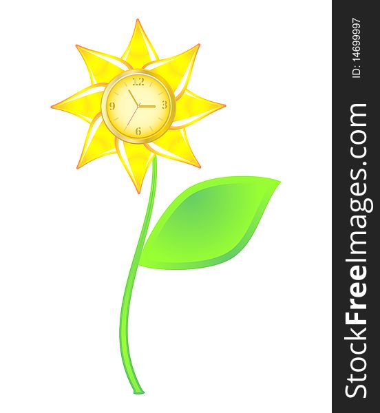 Stylish  flower with green leaves and a gold watch. Stylish  flower with green leaves and a gold watch