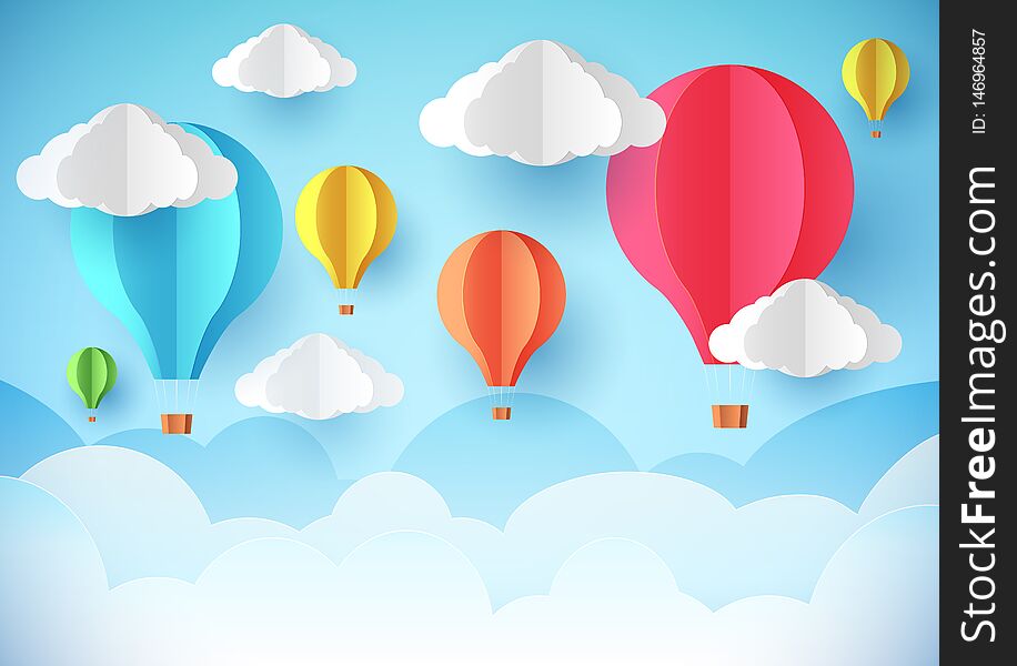 Hot Air balloons in the sky. Template flyer, banner or poster. Paper style. Hot Air balloons in the sky. Template flyer, banner or poster. Paper style