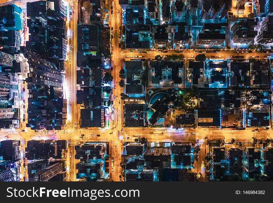 Aerial view of street at night, Hong Kong, Asia