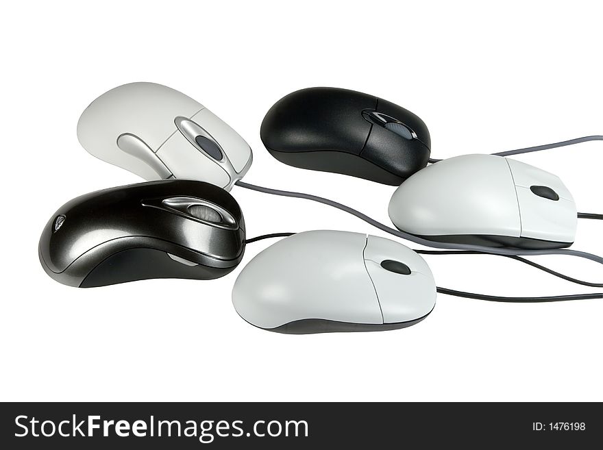 Five mouses, isolated on white, clipping path included