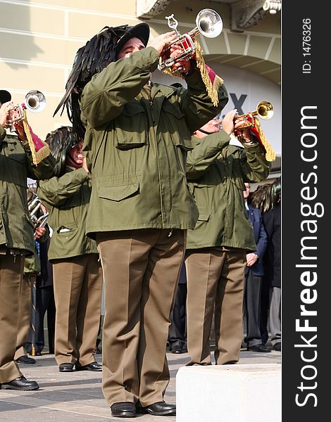 Band of Army trumpet soldier during parade. Band of Army trumpet soldier during parade