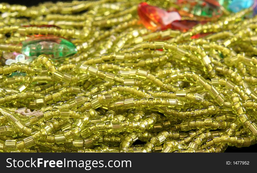 Green Beaded Necklace, Close-up on Black Background