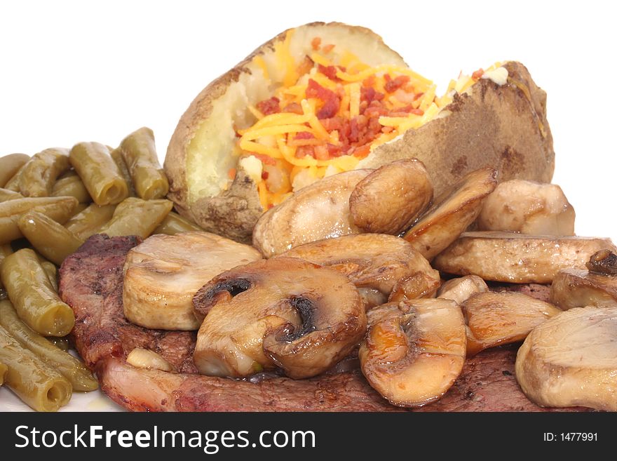 Steak and Mushrooms with Green Beans and Baked Potato