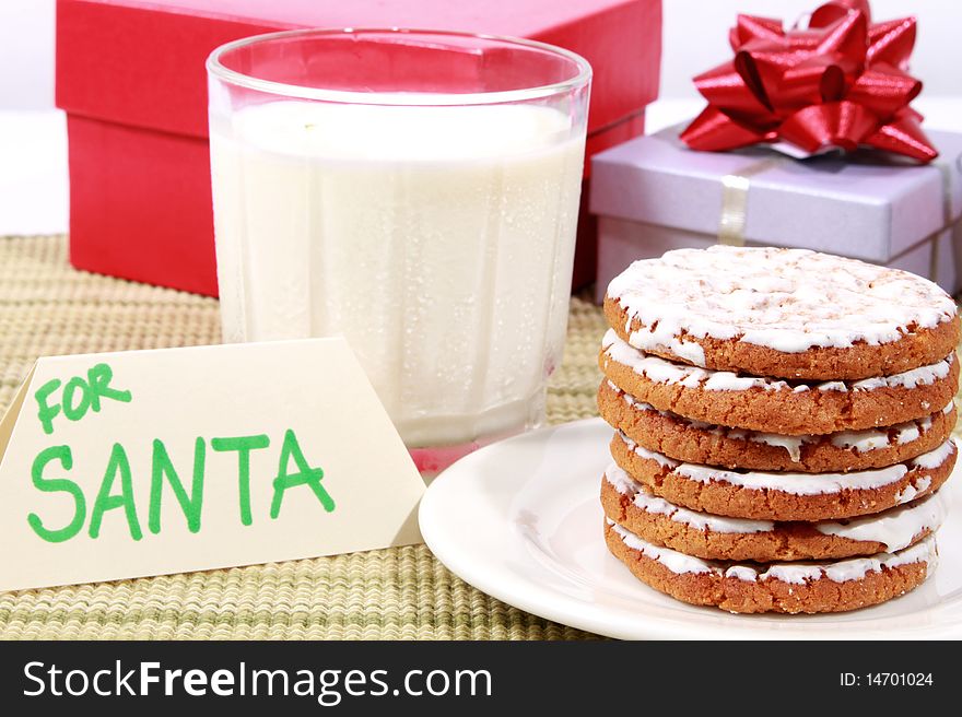 Cookies and milk on table for Santa. Cookies and milk on table for Santa
