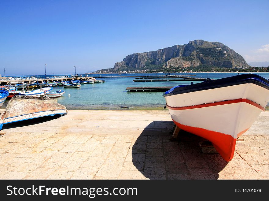 Sicily, Colorful Fishing Boat Sea & Mount