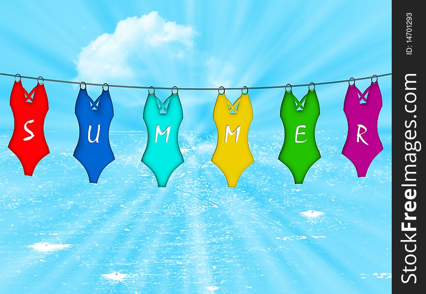 Isolated bath suits hanging on a wire, each one has a letter composing the word Summer, illustration of sky and water. Isolated bath suits hanging on a wire, each one has a letter composing the word Summer, illustration of sky and water