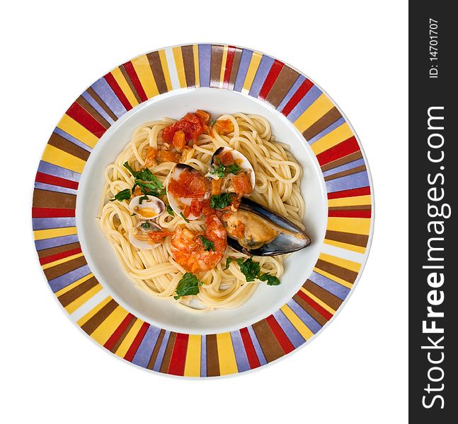 Spaghetti with mussels, shrimp and tomatoes