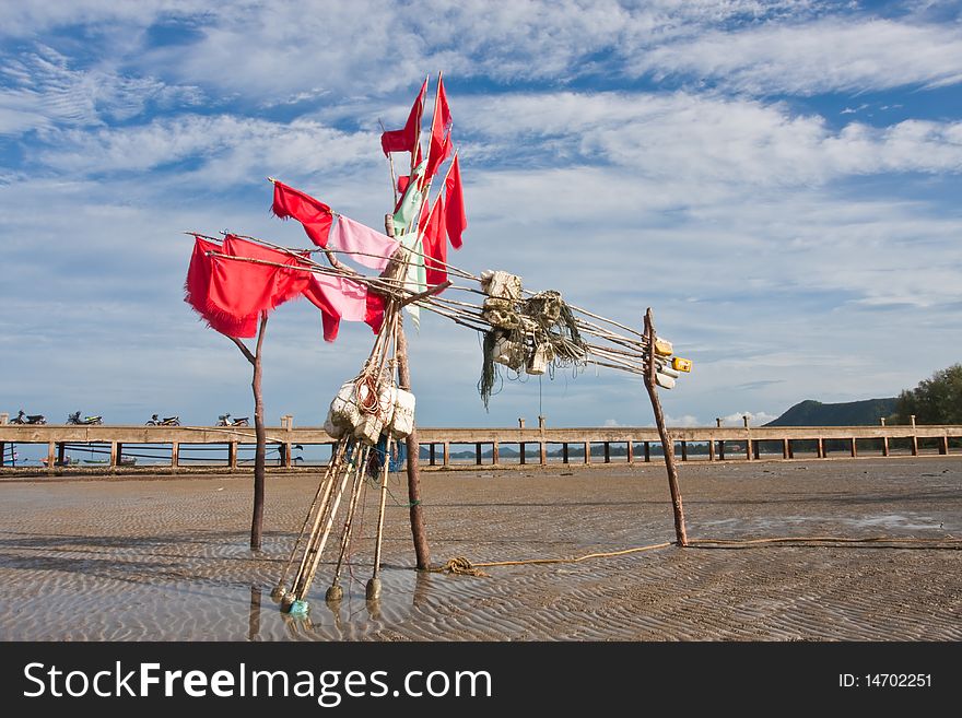 Fishery flag on beach, Thai sea image