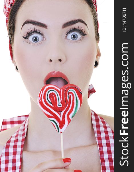 Happy Woman With Lollipop Isolated On White
