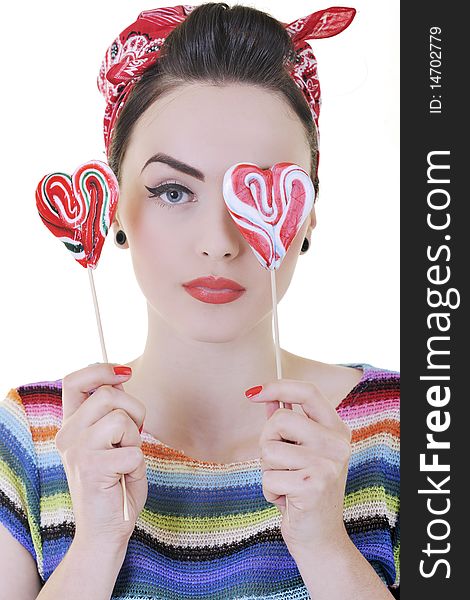 Happy woman with lollipop isolated on white