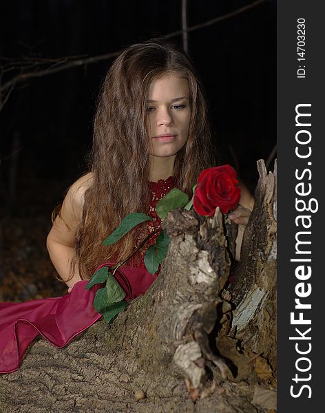 Girl in red dress on a stump with a red rose. Girl in red dress on a stump with a red rose