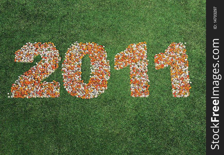 The year 2011 spelled in flowers on grass. The year 2011 spelled in flowers on grass