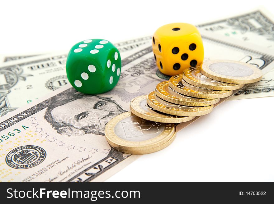 Dice and dollars. isolated on a white background