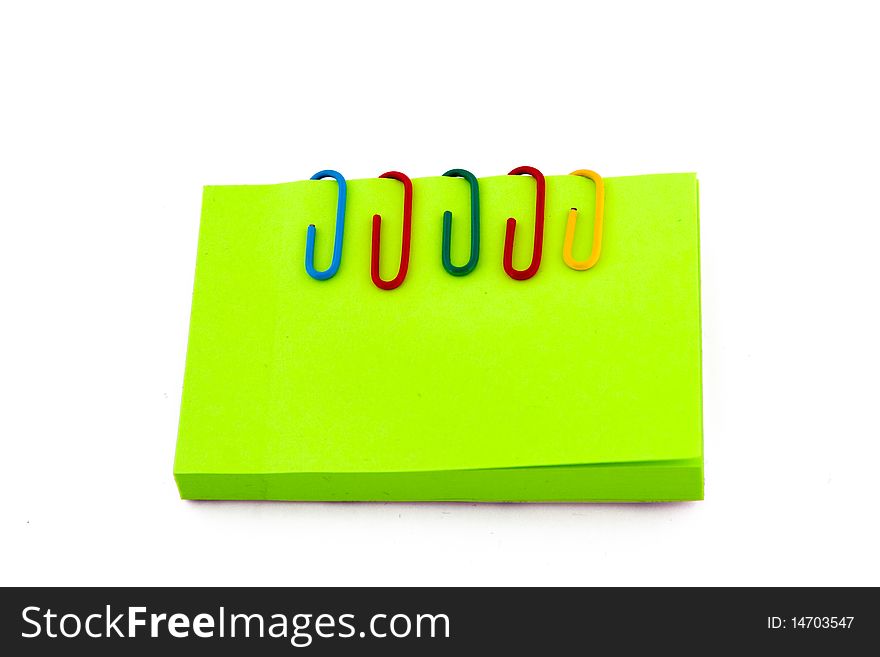 Paper clips and stickers. Isolated on white background