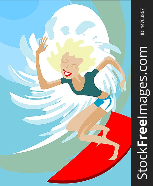 Surfer - girl is on the crest of a wave. Surfer - girl is on the crest of a wave
