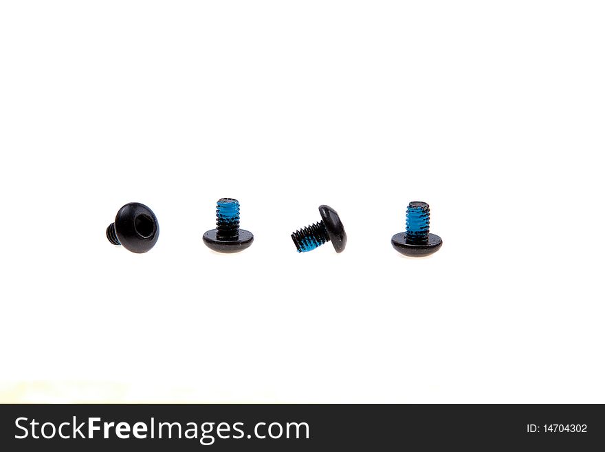 Black bolts isolated on white with blue paint stopper