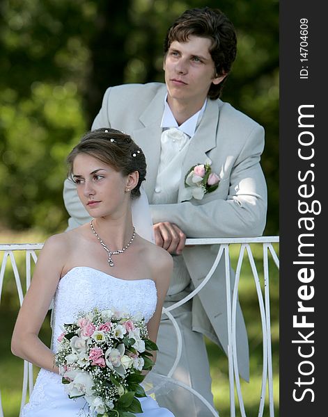 The groom and the bride with colours on walk in park. The groom and the bride with colours on walk in park