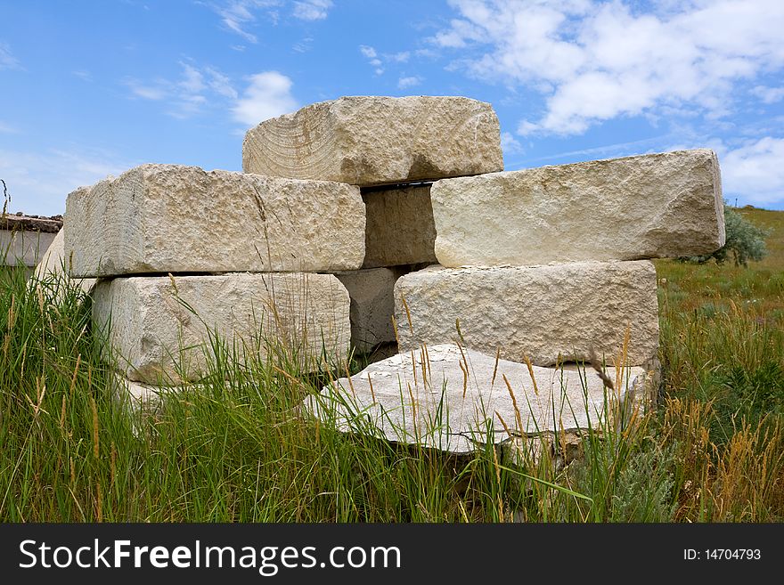 Concrete blocks store on green field