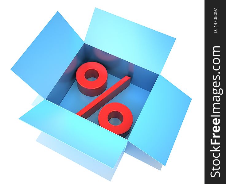 Percent symbol laying in to the box. 3D render