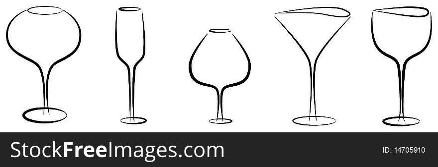 Vector picture of five black silhouettes of different glasses. Vector picture of five black silhouettes of different glasses