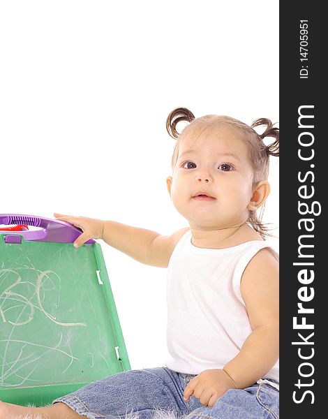 Shot of a little baby with chalkboard