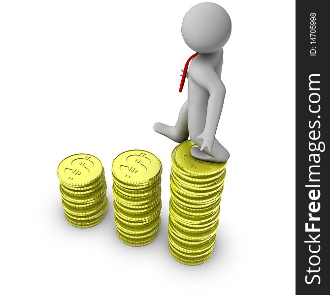 3d man walking on growth of dollar coins isolated on white background