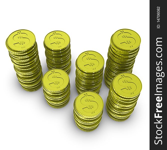 Stock of dollar coins isolated on white background