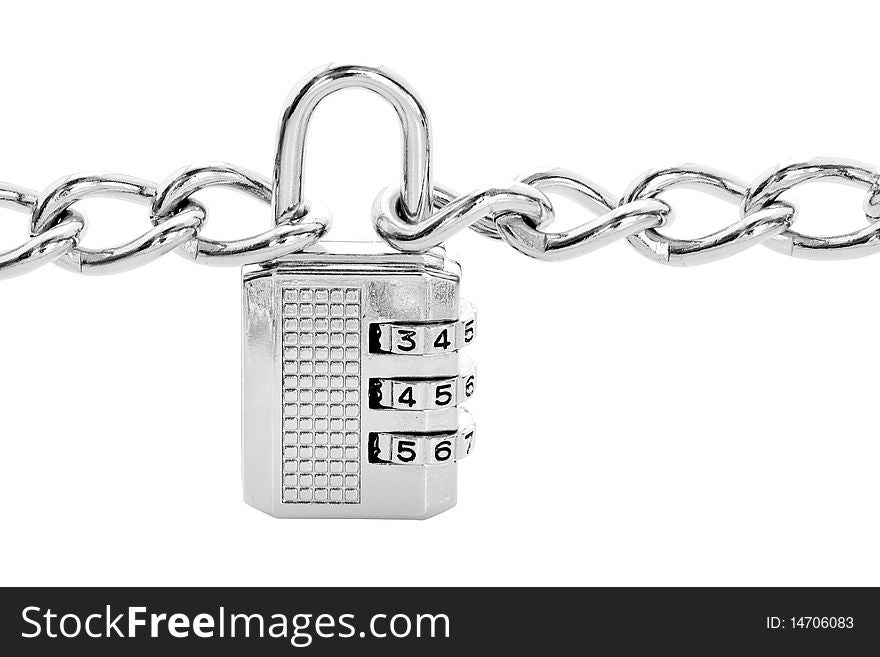 Silver chains fastened to numbered combination padlock, isolated on white background. Silver chains fastened to numbered combination padlock, isolated on white background