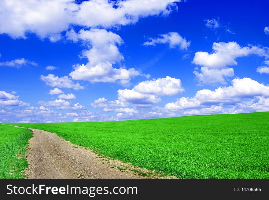 Green field with road and blue sky. Picture of green field and sky in summer.