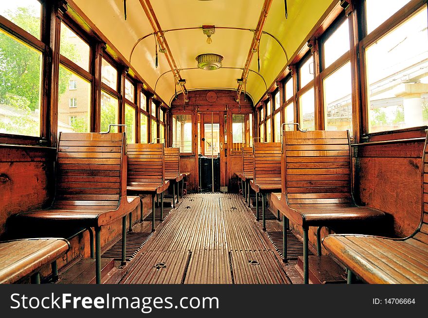 The interior of the old tram. The interior of the old tram